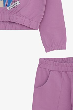 Breeze Kız Çocuk Eşofman Takımı Simli Kız Baskılı 8-12 Yaş, Eflatun