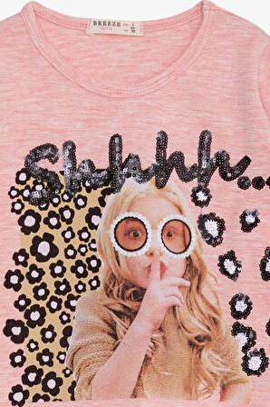 Breeze Kız Çocuk Uzun Kollu Tişört Pullu Kız Baskılı 3-8 Yaş, Somon Melanj