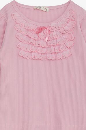 Breeze Kız Çocuk Uzun Kollu Bluz Güpürlü Fiyonklu 3-8 Yaş, Pembe