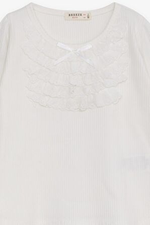 Breeze Kız Çocuk Uzun Kollu Bluz Güpürlü Fiyonklu 3-8 Yaş, Ekru