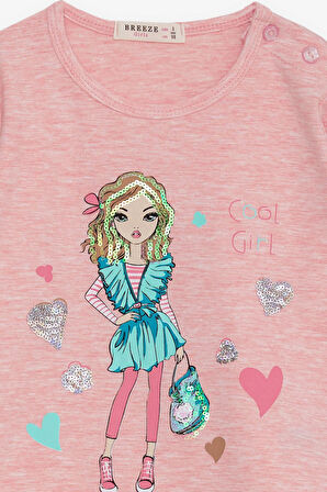 Breeze Kız Çocuk Uzun Kollu Tişört Havalı Kız Baskılı 1.5-5 Yaş, Somon Melanj