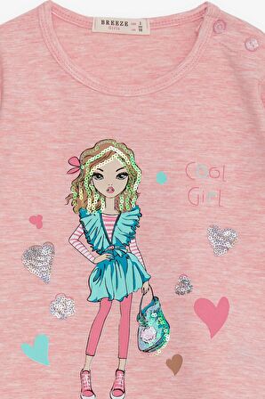 Breeze Kız Çocuk Uzun Kollu Tişört Havalı Kız Baskılı 1.5-5 Yaş, Somon Melanj