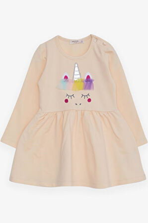 Breeze Kız Çocuk Uzun Kollu Elbise Tüllü Unicorn Nakışlı 1.5-5 Yaş, Krem
