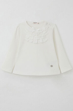 Breeze Kız Bebek Uzun Kollu Tişört Güpürlü Fiyonklu 6 Ay-2 Yaş, Ekru