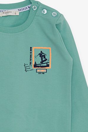 Breeze Erkek Bebek Sweatshirt Kaykaycı Baskılı 9 Ay-3 Yaş, Mint Yeşili