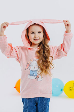 Breeze Kız Çocuk Sweatshirt Tavşancık Baskılı 1.5-5 Yaş, Somon Melanj