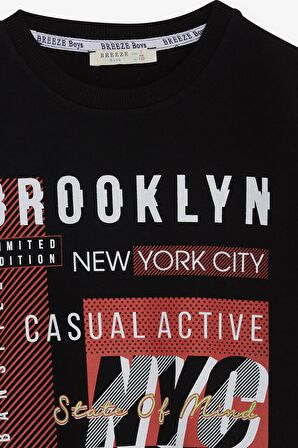 Breeze Erkek Çocuk Sweatshirt Yazı Baskılı 7-12 Yaş, Siyah