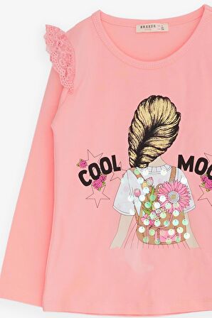 Breeze Kız Çocuk Uzun Kollu Tişört Omuzu Güpürlü 4-9 Yaş, Pembe