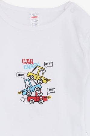 Breeze Erkek Bebek Çıtçıtlı Body Araba Baskılı 9 Ay-3 Yaş, Beyaz