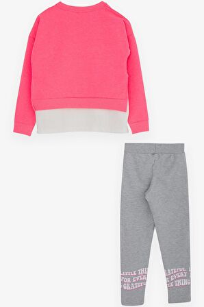 Breeze Kız Çocuk Taytlı Takım Yazı Çiçek Baskılı 8-12 Yaş, Neon Pembe