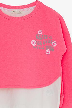 Breeze Kız Çocuk Taytlı Takım Yazı Çiçek Baskılı 8-12 Yaş, Neon Pembe
