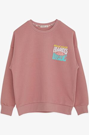 Breeze Kız Çocuk Sweatshirt Renkli Yazı Baskılı 8-14 Yaş, Gülkurusu