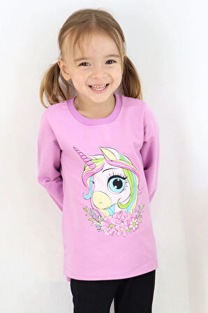 Breeze Kız Çocuk Uzun Kollu Tişört Unicorn Baskılı 1.5-5 Yaş, Lila