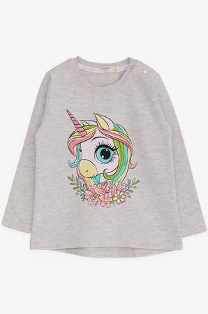 Breeze Kız Çocuk Uzun Kollu Tişört Unicorn Baskılı 1.5-5 Yaş, Bej Melanj