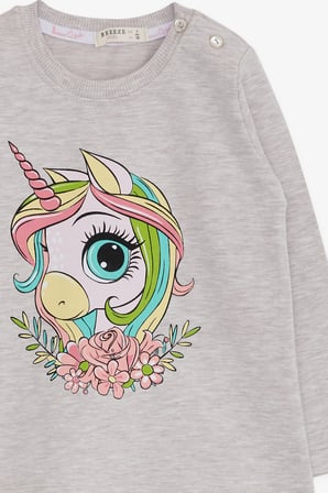 Breeze Kız Çocuk Uzun Kollu Tişört Unicorn Baskılı 1.5-5 Yaş, Bej Melanj