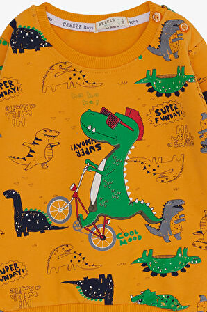 Breeze Erkek Bebek Eşofman Takımı Dinozor Baskılı 9 Ay-3 Yaş, Hardal Sarı