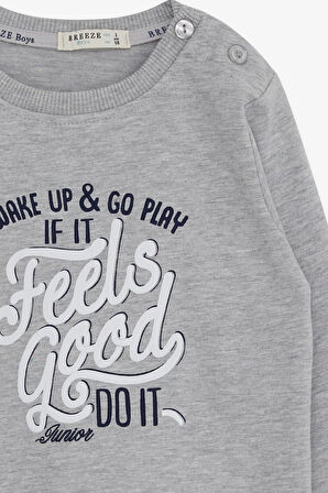 Breeze Erkek Çocuk Sweatshirt Yazı Baskılı 2-6 Yaş, Gri Melanj