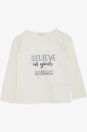 Breeze Kız Çocuk Uzun Kollu Tişört Taşlı Yazı Baskılı 5-10 Yaş, Ekru