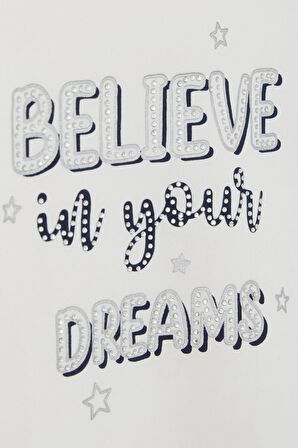 Breeze Kız Çocuk Uzun Kollu Tişört Taşlı Yazı Baskılı 5-10 Yaş, Ekru