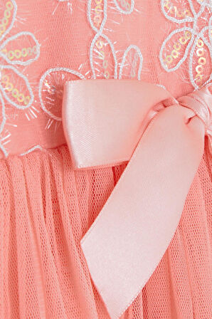 Breeze Kız Çocuk Uzun Kollu Elbise Fiyonklu Tüllü 3-8 Yaş, Somon