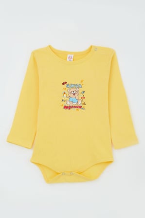 Breeze Erkek Bebek Çıtçıtlı Body Avcı Kedicik Baskılı 9 Ay-3 Yaş, Sarı