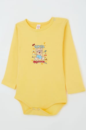 Breeze Erkek Bebek Çıtçıtlı Body Avcı Kedicik Baskılı 9 Ay-3 Yaş, Sarı