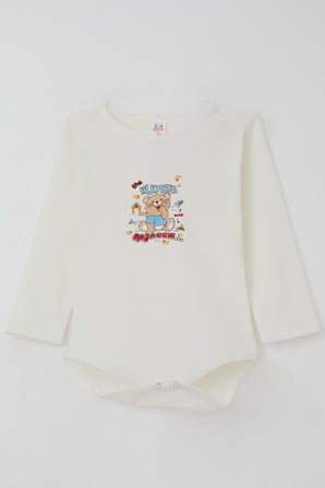 Breeze Erkek Bebek Çıtçıtlı Body Avcı Kedicik Baskılı 9 Ay-3 Yaş, Ekru