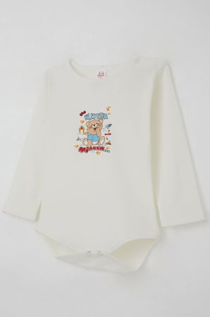 Breeze Erkek Bebek Çıtçıtlı Body Avcı Kedicik Baskılı 9 Ay-3 Yaş, Ekru