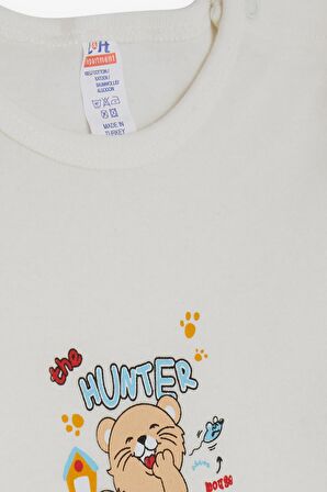 Breeze Erkek Bebek Çıtçıtlı Body Avcı Kedicik Baskılı 9 Ay-3 Yaş, Ekru
