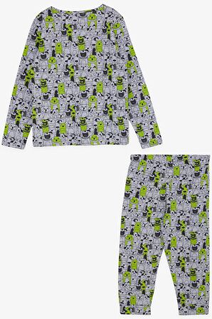 Macawı Erkek Çocuk Pijama Takımı Köpekçik Desenli 3-7 Yaş, Gri Melanj