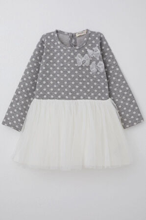 Breeze Kız Çocuk Uzun Kollu Elbise Tüllü Fiyonklu 1.5-5 Yaş, Açık Gri Melanj