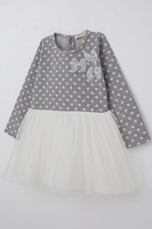 Breeze Kız Çocuk Uzun Kollu Elbise Tüllü Fiyonklu 1.5-5 Yaş, Açık Gri Melanj