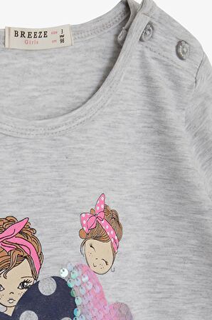 Breeze Kız Çocuk Uzun Kollu Tişört Pullu Kız Baskılı 2-6 Yaş, Açık Gri Melanj