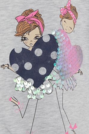 Breeze Kız Çocuk Uzun Kollu Tişört Pullu Kız Baskılı 2-6 Yaş, Açık Gri Melanj