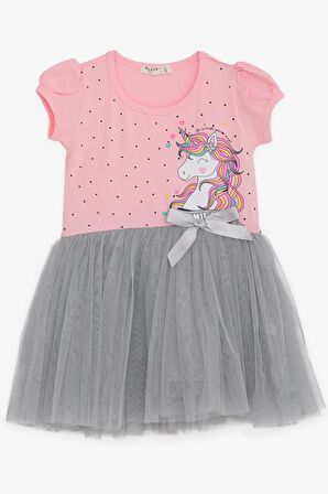 Breeze Kız Çocuk Elbise Unicorn Baskılı Tüllü Fiyonklu 3-8 Yaş, Pembe