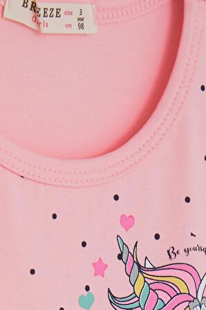 Breeze Kız Çocuk Elbise Unicorn Baskılı Tüllü Fiyonklu 3-8 Yaş, Pembe