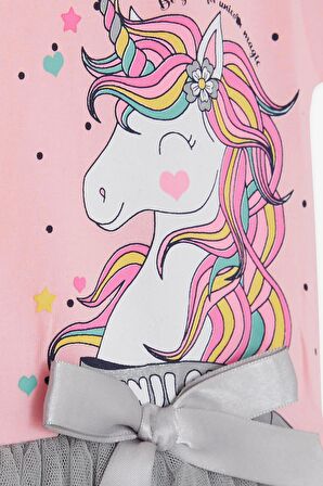 Breeze Kız Çocuk Elbise Unicorn Baskılı Tüllü Fiyonklu 3-8 Yaş, Pembe