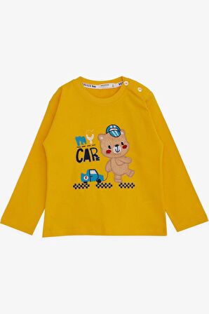 Breeze Erkek Bebek Uzun Kollu Tişört Ayıcık Baskılı Yazı Nakışlı 9 Ay-3 Yaş, Sarı