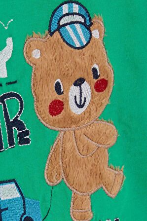 Breeze Erkek Bebek Uzun Kollu Tişört Ayıcık Baskılı Yazı Nakışlı 9 Ay-3 Yaş, Yeşil