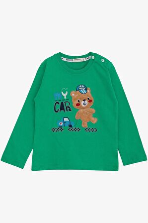 Breeze Erkek Bebek Uzun Kollu Tişört Ayıcık Baskılı Yazı Nakışlı 9 Ay-3 Yaş, Yeşil
