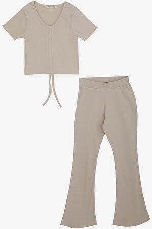 Breeze Kız Çocuk İspanyol Paça Taytlı Crop Takım 5-10 Yaş, Bej