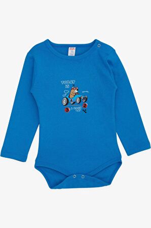 Breeze Erkek Bebek Çıtçıtlı Zıbın Body Havalı Ayıcık Baskılı 9 Ay-3 Yaş, Saks Mavisi