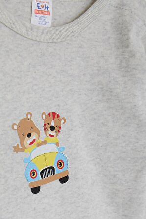 Breeze Erkek Bebek Çıtçıtlı Zıbın Body Şoför Hayvancık Baskılı 9 Ay-3 Yaş, Açık Gri Melanj