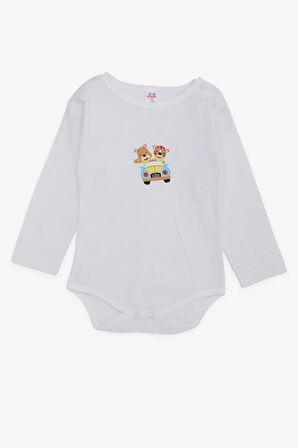 Breeze Erkek Bebek Çıtçıtlı Zıbın Body Şoför Hayvancık Baskılı 9 Ay-3 Yaş, Beyaz