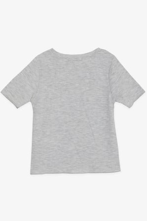Breeze Kız Çocuk Crop Tişört Nakışlı Yazı Baskılı 8-14 Yaş, Gri Melanj