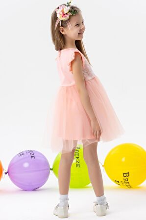 Breeze Kız Çocuk Elbise Çiçek Nakışlı Fiyoklu Tüllü 3-8 Yaş, Somon