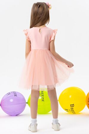 Breeze Kız Çocuk Elbise Çiçek Nakışlı Fiyoklu Tüllü 3-8 Yaş, Somon