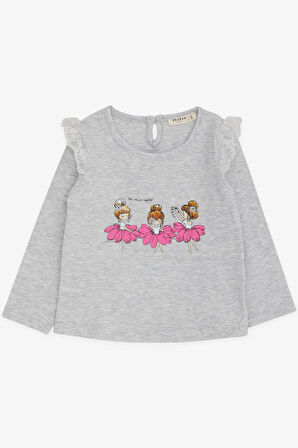 Breeze Kız Bebek Uzun Kollu Tişört Danscı Kız Baskılı Güpürlü 9 Ay-3 Yaş, Açık Gri Melanj
