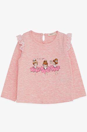 Breeze Kız Bebek Uzun Kollu Tişört Danscı Kız Baskılı Güpürlü 9 Ay-3 Yaş, Somon Melanj