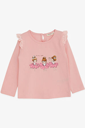 Breeze Kız Bebek Uzun Kollu Tişört Danscı Kız Baskılı Güpürlü 9 Ay-3 Yaş, Pudra